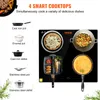 A collage of images showcasing a black four-burner induction cooktop with various cookware and food items being prepared on it, alongside individual cookware items with their names labeled. Voir les images du produit