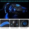 A close-up of a gaming headset with blue LED lights, accompanied by three smaller images highlighting specific features. Produktbild-Vorschau