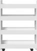 A white, four-tier storage cart with wheels, shown from the front. Voir les images du produit