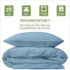 A folded duvet and pillow with care instructions and product dimensions displayed above. Produktbild-Vorschau