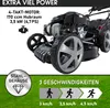 A close-up of a lawnmower with marketing text and icons. Produktbild-Vorschau