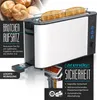 A toaster with bread in it, along with marketing text and graphics. Produktbild-Vorschau