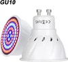 Two LED grow lights with a GU10 base, one showing its internal LEDs emitting blue and red light, and the other showing its base with regulatory markings. Produktbild-Vorschau