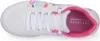 A top-down view of a white sneaker with pink trim and colorful graphics. Voir les images du produit