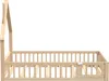 A wooden children's bed frame with a house-like structure and a railing, shown from the side. Náhled obrázku produktu