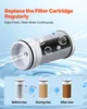 A water filter cartridge with water flowing through it, and three stages of filter use shown below. Anteprima dell’immagine prodotto