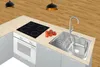 A modern kitchen counter with a sink, faucet, stovetop, and oven, along with a bunch of tomatoes. Náhled obrázku produktu