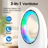 A close-up marketing image of a white bladeless fan with colorful LED lights inside the ring. Text overlays describe features and modes. Náhled obrázku produktu
