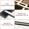 A collage of images showcasing a black geometric LED ceiling light with text descriptions of its features. Produktbild-Vorschau