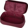 An open burgundy pencil case with geometric patterns on the inside lid. Voir les images du produit
