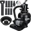 A pool sand filter pump system and its accessories are displayed against a white background. Produktbild-Vorschau