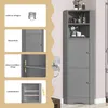 A grey corner cabinet with multiple shelves and doors, shown next to a wall with decorative elements and informational callouts. Voir les images du produit