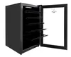 A black beverage cooler with its glass door open, showing multiple shelves inside. A small logo is visible on the inside of the door. Produktbild-Vorschau