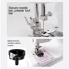 Close-up views of a sewing machine's needle and bobbin area, with descriptive text. Produktbild-Vorschau