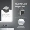 A marketing image for an LED bathroom mirror, showcasing its features with close-up shots and descriptive text. Produktbild-Vorschau