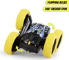 A remote-controlled toy car with yellow wheels and black body, shown in a dynamic pose. Text overlays highlight its features. Produktbild-Vorschau