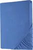A folded blue fitted sheet is shown from a top-down perspective, with the elasticized corner visible. Produktbild-Vorschau