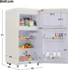 A retro-style refrigerator with its doors open, showing dimensions and interior contents. Produktbild-Vorschau