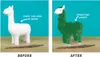 A before and after image showing a ceramic llama planter being prepared to grow chia seeds and then after the seeds have sprouted. Voir les images du produit
