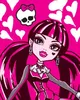 A cartoon illustration of a Monster High character, Draculaura, against a pink background with white hearts and a skull icon. Produktbild-Vorschau