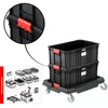 A set of modular storage boxes stacked on a wheeled platform, with a close-up inset showing the interlocking mechanism. Náhled obrázku produktu