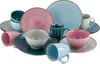 A collection of colorful ceramic dishes, including plates, bowls, and mugs, arranged on a white background. Náhľad obrázku produktu