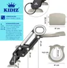 A collage of images showing a child's toilet trainer with dimensions and features highlighted. Produktbild-Vorschau