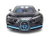 A black Bugatti Chiron model car with blue accents and interior, shown from the front. Voir les images du produit