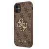 A close-up view of a brown iPhone case with a repeating Guess logo pattern and a large gold Guess logo emblem. Podgląd zdjęcia produktu