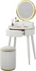 A white vanity table with a round LED mirror and a matching stool, set against a white background. Podgląd zdjęcia produktu