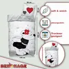 A product image showing bedding sets with a teddy bear design, along with feature callouts and dimensions. Produktbild-Vorschau