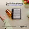 An e-reader is shown getting splashed with water from an overturned glass, with text highlighting its water resistance. Produktbild-Vorschau