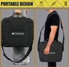A split image showing a black storage case for a tour guide system. The left side shows the case being held by its handle, and the right side shows it being carried over a person's shoulder. Produktbild-Vorschau