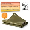 A folded green tarp is shown, with marketing text and a logo in the background. Produktbild-Vorschau