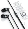 A close-up promotional image of black in-ear headphones with text detailing their features. Produktbild-Vorschau