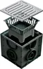 An exploded view of a drainage system component, showing the grate, filter basket, and base unit. Produktbild-Vorschau