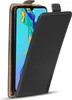 A black flip case for a smartphone is shown with the front cover open. Produktbild-Vorschau