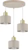A three-light pendant lamp with beige fabric shades and gold accents, suspended from a round ceiling plate. Produktbild-Vorschau