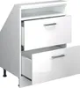 A white, high-gloss cabinet with two drawers, one partially open. Podgląd zdjęcia produktu