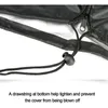 Close-up of a black drawstring on a cover, with text describing its function. Produktbild-Vorschau