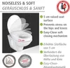 A toilet seat with its features highlighted by text and icons. Produktbild-Vorschau