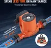 A circulating pump shown in use with water flow, alongside text highlighting product features and specifications. Anteprima dell’immagine prodotto