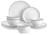 A set of white porcelain plates and bowls with a thin black rim, arranged on a white background. Produktbild-Vorschau