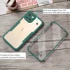 A green iPhone case is shown disassembled with its front and back components separated, lying on a wooden surface next to some newspapers and cotton. Produktbild-Vorschau