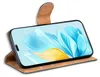A flip case for a smartphone is shown open, displaying the phone's screen with a floral wallpaper. Produktbild-Vorschau