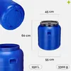 A collage of images showing a blue plastic barrel from different angles, with dimensions and capacity indicated. Produktbild-Vorschau