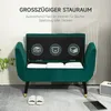 A green upholstered storage bench with its lid open, revealing white folded items inside. The bench has armrests and black legs with gold accents. Text overlays describe its storage capacity. Náhled obrázku produktu