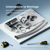A collection of bathroom faucet components and tools laid out on a marble surface, with text overlay. Produktbild-Vorschau