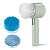 A mint green electric cleaning brush with two interchangeable brush heads (one hexagonal blue sponge, one blue microfiber pad) displayed against a white background. Produktbild-Vorschau