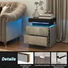 A modern nightstand with LED lighting is shown next to a sofa, with detail shots at the bottom. Produktbild-Vorschau